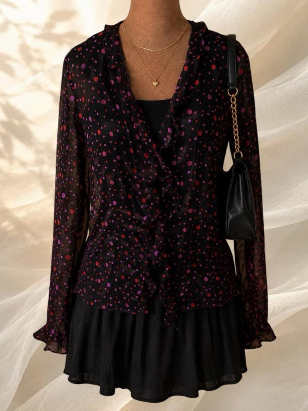 S.L.B. 100% Silk Ruffle Button Up Blouse Pink Purple Polka Dot Top Large